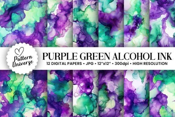 Purple & Green Alcohol Ink Backgrounds: Vibrant Digital Papers
